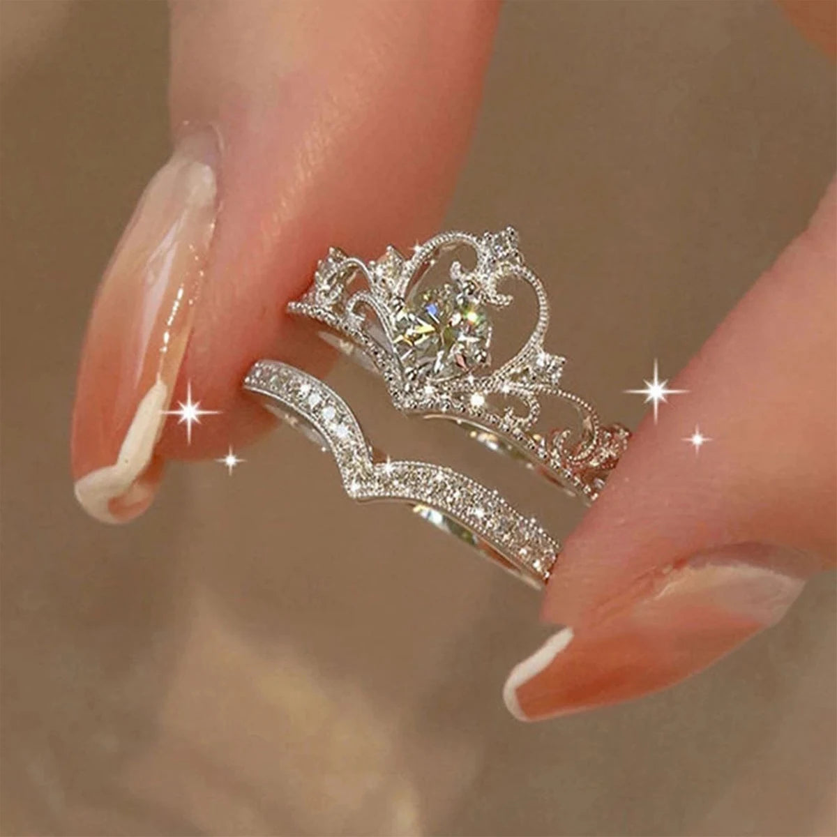 LATS 2PCS Crystal Crown Adjustable Ring Irregular Geometry Vintage Rings Set for Women Girls New Fashion Jewelry