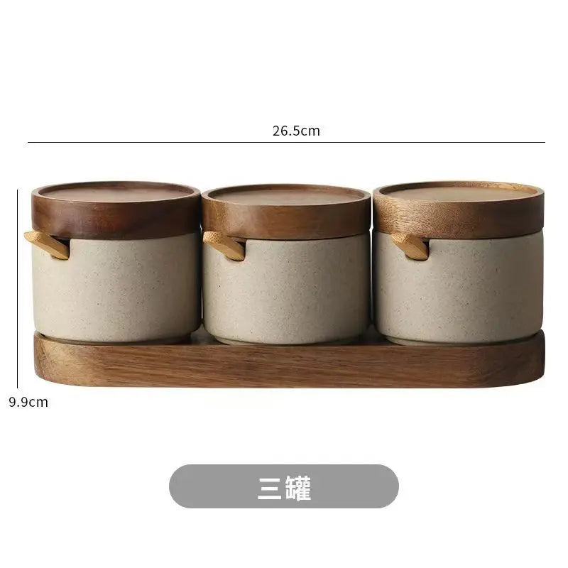Vintage Ceramic Seasoning Jar Japanese Style Home Kitchen Salt Chili Sugar Jar Oil Pot Wooden Lid Spice Kitchen Utensils Modern