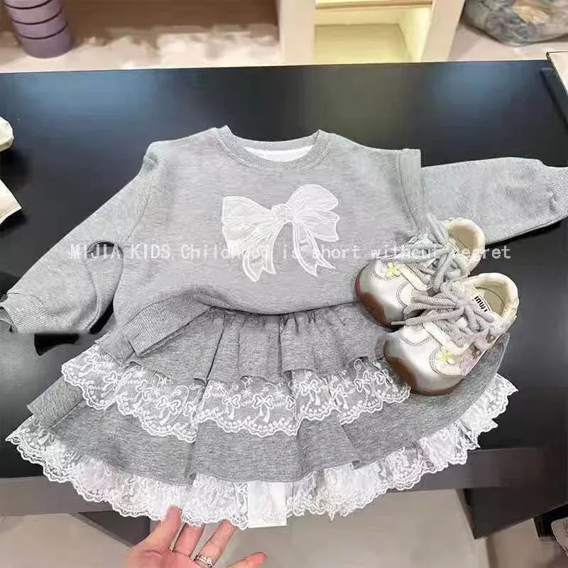 Girls Sets Children Sweatshirt Suits Kids Long Sleeve Top+Skirs 2Pcs Fashion Lace Drawstring Outfits Children Clothing Spring