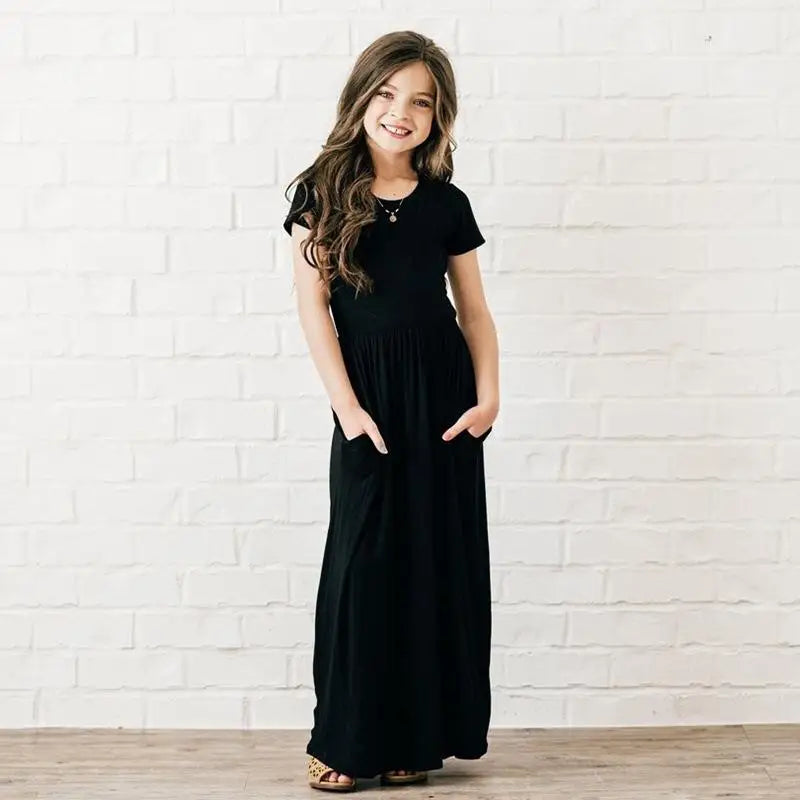 Summer Girls New Solid Color Short Sleeved Long Dress Beach Party Birthday Casual Fashion Show Versatile A-Line Dress
