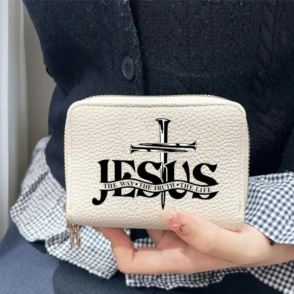 Women's PU Leather Wallet Short Coin Card Holder Jesus Pattern Small Hard Wallet Fashionable Money Bag