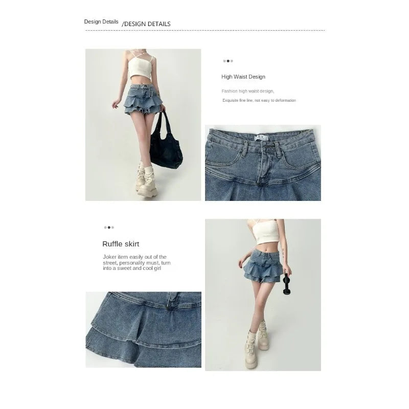 Summer Women High Waist Denim Cake Skirt A-Line Bodycon Mini Skort Casual E-Girl Street Skirt