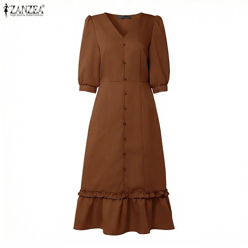 Women A-Line Midi Dress V-Neck 3/4 Puff Sleeve Cinched Waist Ruffled Hem Dresses ZANZEA Summer Elegant Casual Commute Robe Femme
