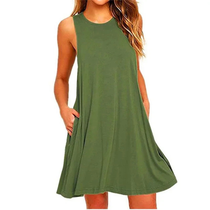 Women'S'S Dress Summer Casual T Shirt Dresses Beach Cover Up Plain Pleated Tank Pockets Dress