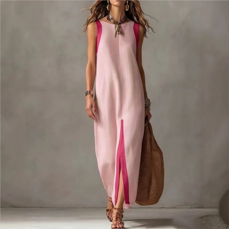 Boho Asymmetrical Hem Maxi Dress Front Slit Contrast Trim Summer New Woman Dresses Casual Sleeveless Round Neck Loose Dresses