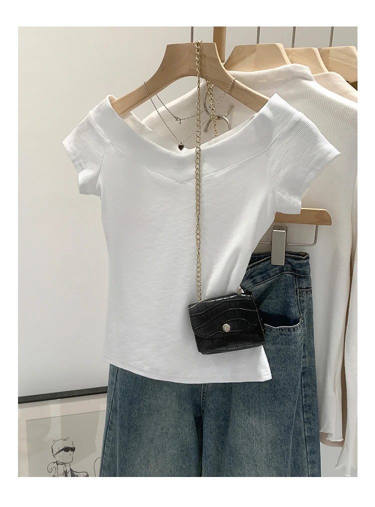 Pink Shoulder Bared Short Sleeve T Shirt Women's Summer New Style Ageless Lady Pure Desire Spicy Girl Top Simple Backless Design