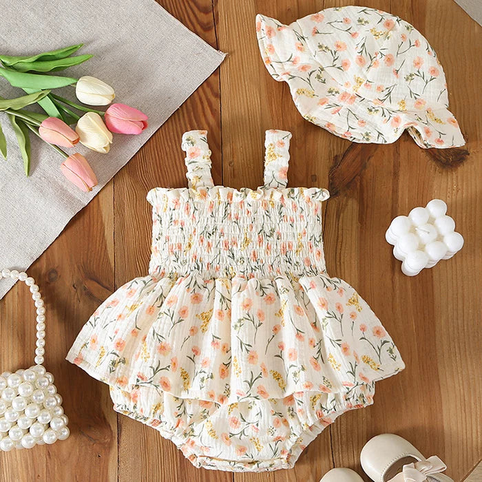 2026 New Summer 0-24M Baby Girl Clothing Toddler Baby Girls Jumpsuit+Hat Sleeveless Cotton Print Newborn Baby Girl Romper
