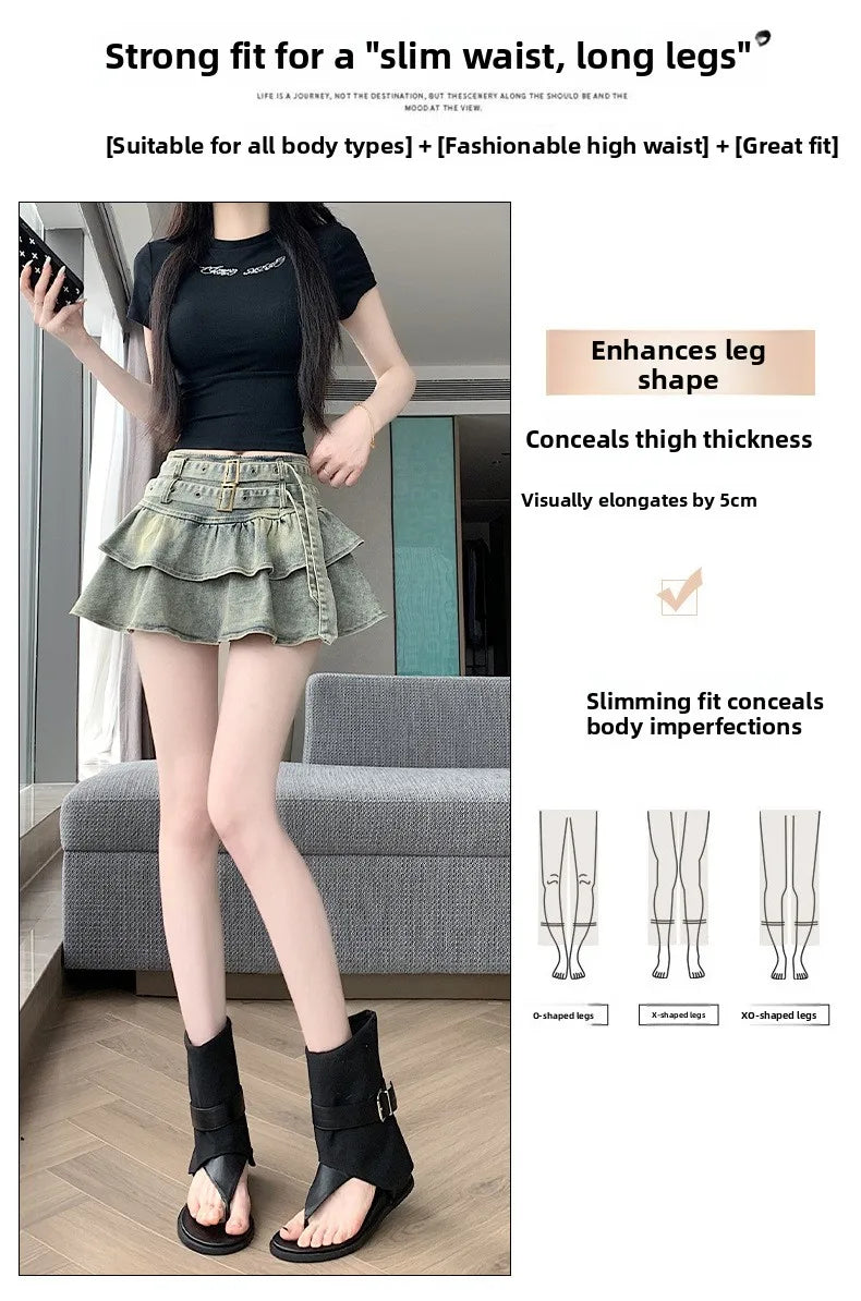American Pure Desire Spicy Girl Design Elastic Denim Skirt Half-length Pleated Cake Skirt Short Commute High Elasticity