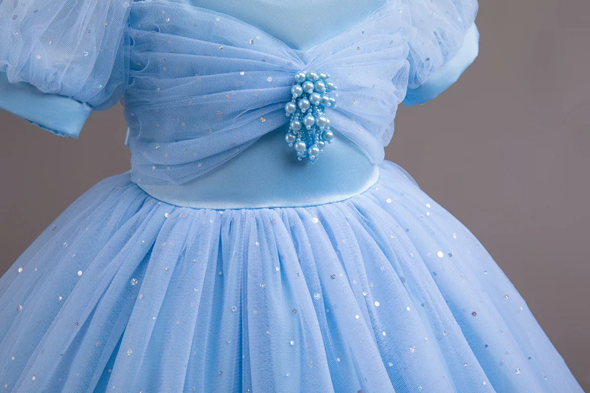 HETISO Pearls Bowknot Kids Girls Dresses Summer Tulle Vintage Elegant Princess Party Gown Children's Gift