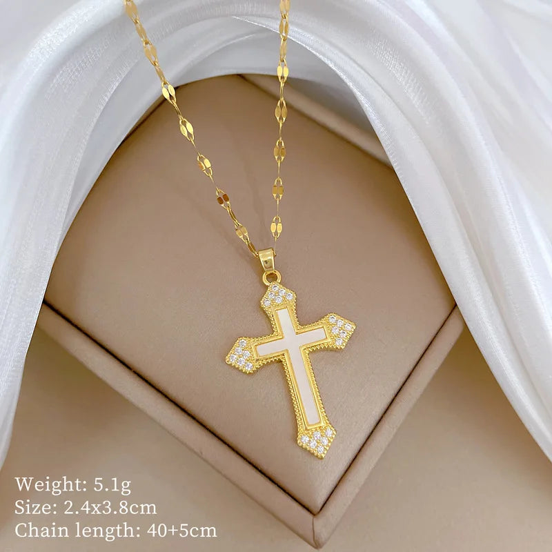 Full Zircon Cross Necklace For Women'S Gold Color Anti-Tarnish Titanium Steel Jewelry