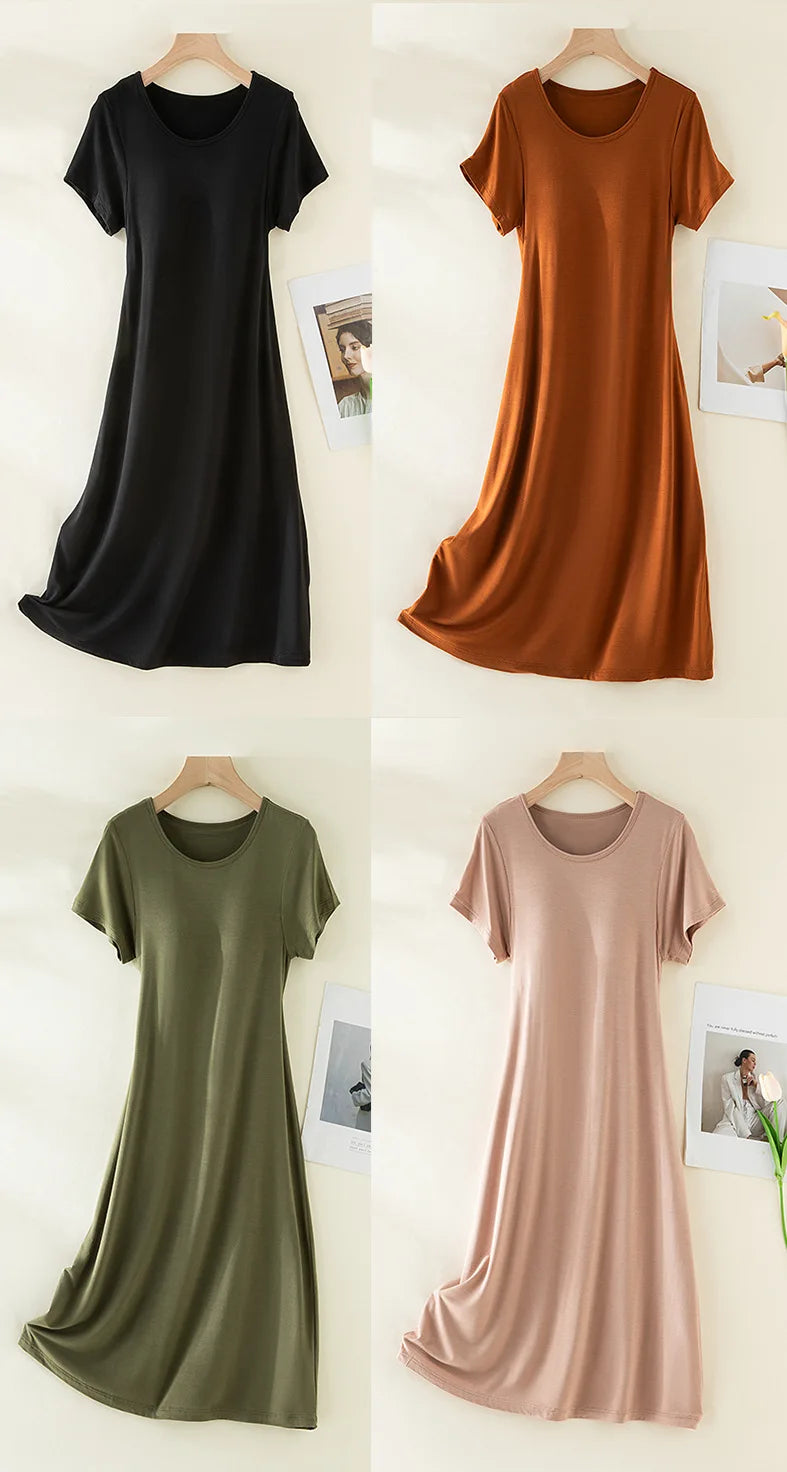 Summer Night Dress Modal Chest Pad Loose Casual Medium and Long Short Sleeved Home Nightgowns Women Sleepwear Night Gown M-3XL