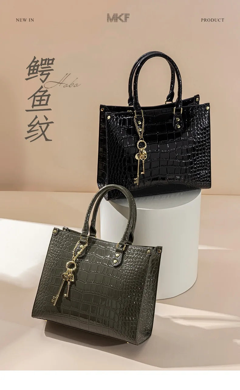 Shiny Crocodile Pattern Top-Handle Bag Women Glossy Patent Crossbody Shoulder Bag Elegant Tote Satchel with Key Pendant
