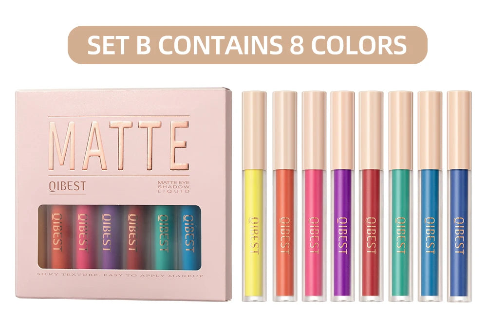 QIBEST 8 Colors Matte Liquid Eyeshadow Set Waterproof Long Lasting Eye Shadow Nude Brown Eye Pigment Makeup For Women Contouring