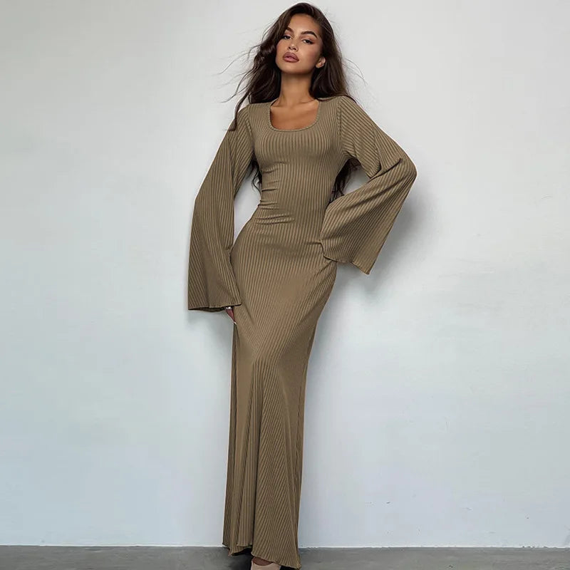 Women's Flare Sleeve Maxi Dress – Slim Fit Lace-Up Floor-Length Gown