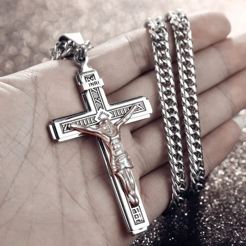 Jesus Christ Cross Mens Necklace Gold Color Cross Religious Pendant Necklace Accessory Chain Accessories