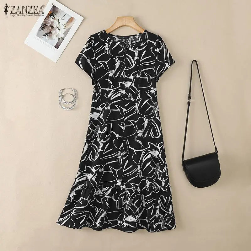 ZANZEA Women's Floral Printing Midi Dress V-Neck Short Sleeve Ruffled Hem Long Dress Summer Casual Daily Wear Robes Femme 3XL