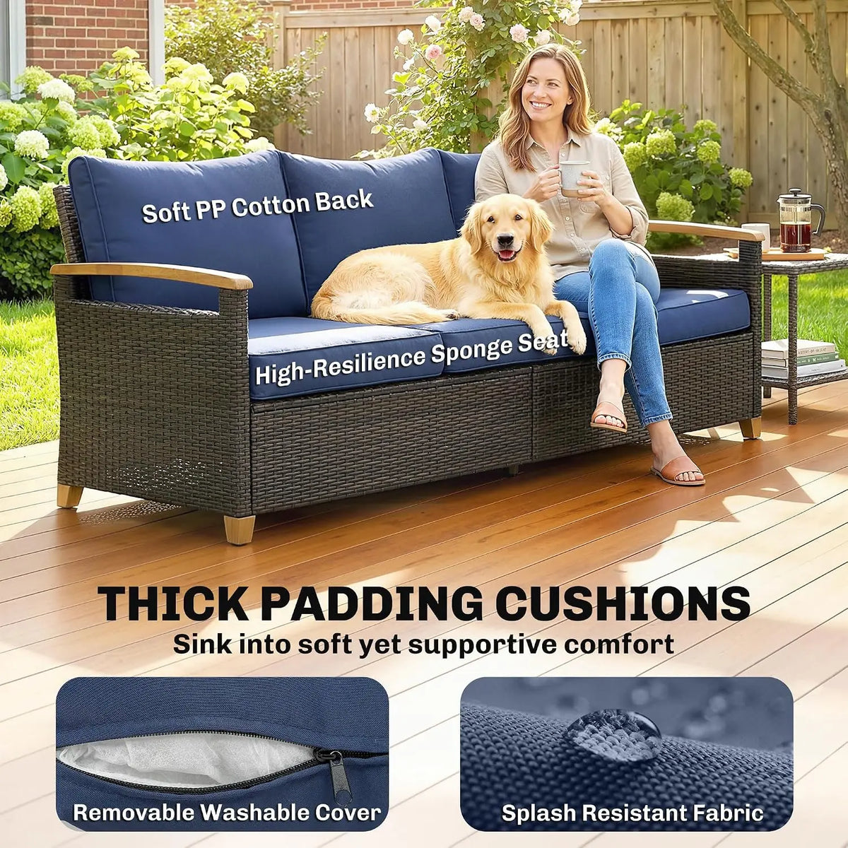 3 Seater Outdoor Wicker Sofa with 4" Foam Cushions for Patio Garden, Customized