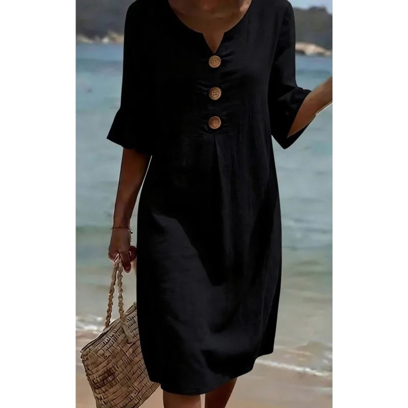 Simple Casual Women's Solid Color Midi Dress V Neck Button 3/4 Sleeve Loose 2026 New Summer Beach Vacation Dresses With Pockets