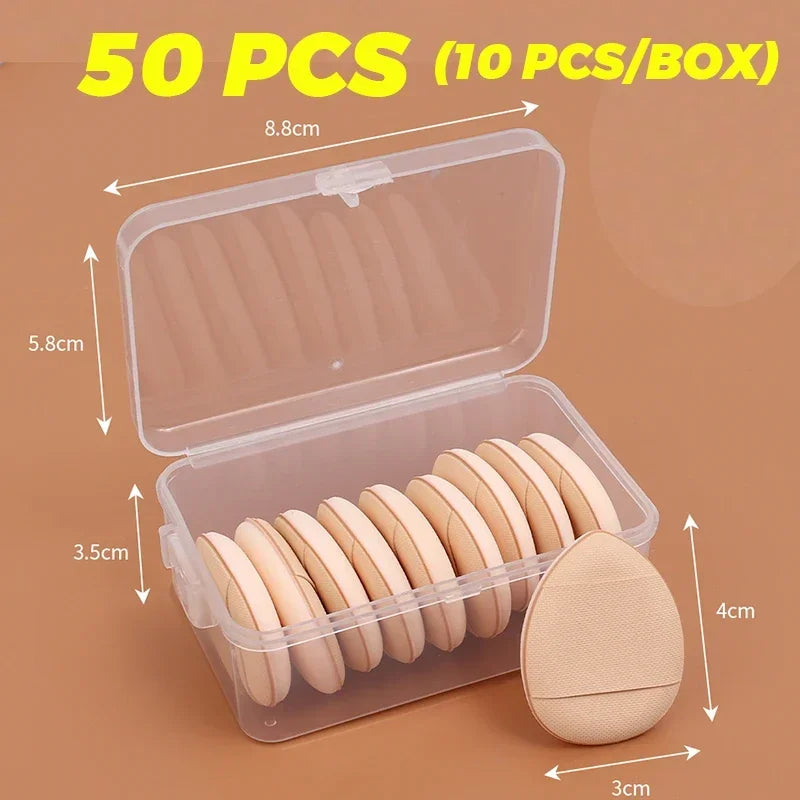 50Pcs Mini Finger Cosmetic Puff Set with Box Water Droplet Shape Air Cushion Detail Makeup Puffs Concealer Foundation Applicator