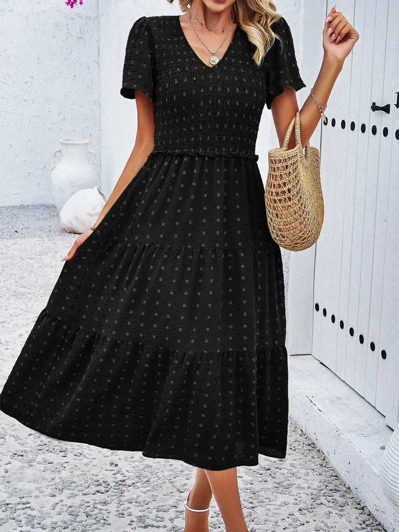 Summer Women's Casual Polka Dot Long Dress Vacation Boho Short Sleeve Solid V-neck Beach Sundress Elastic Waist Midi Dresses