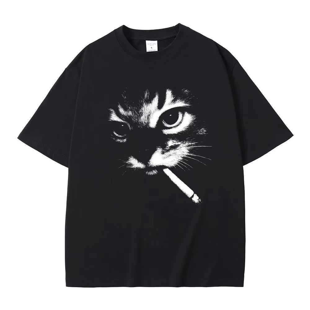 Funny Meme Smoking Cat Face Graphic T-Shirts Men Women'S Casual Cotton Vintage T Shirts Men'S Oversized T-Shirts Cats Lovers Gifts