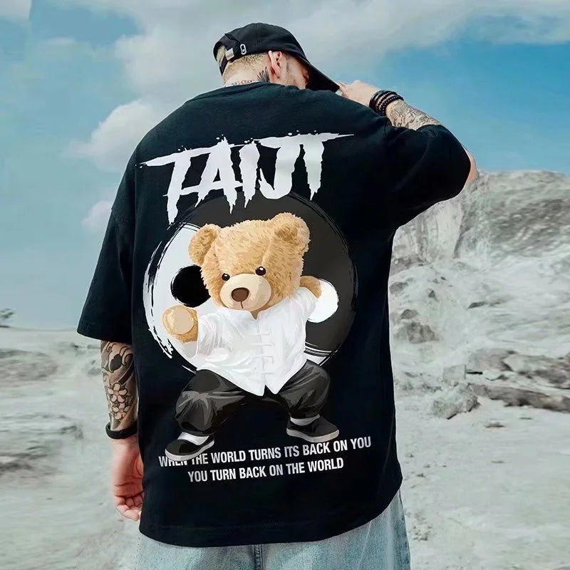 M-8Xl Men'S T Shirt Oversized Streetwear Hip Hop Loose Fashion Korean Short Sleeve Round Neck Print Kung Fu Bear Couple Clothes