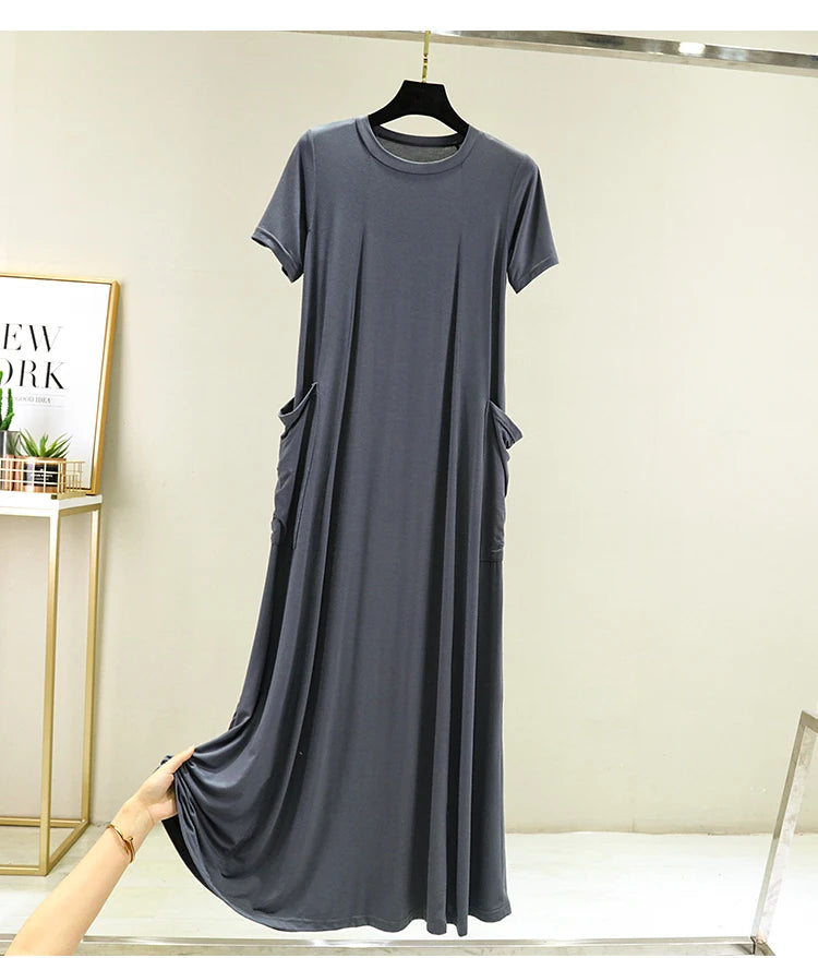 Casual Modal Sleep Dress Women Summer Large Size round Neck over Knee Long Dress Loose Slimming Short Sleeve Dress