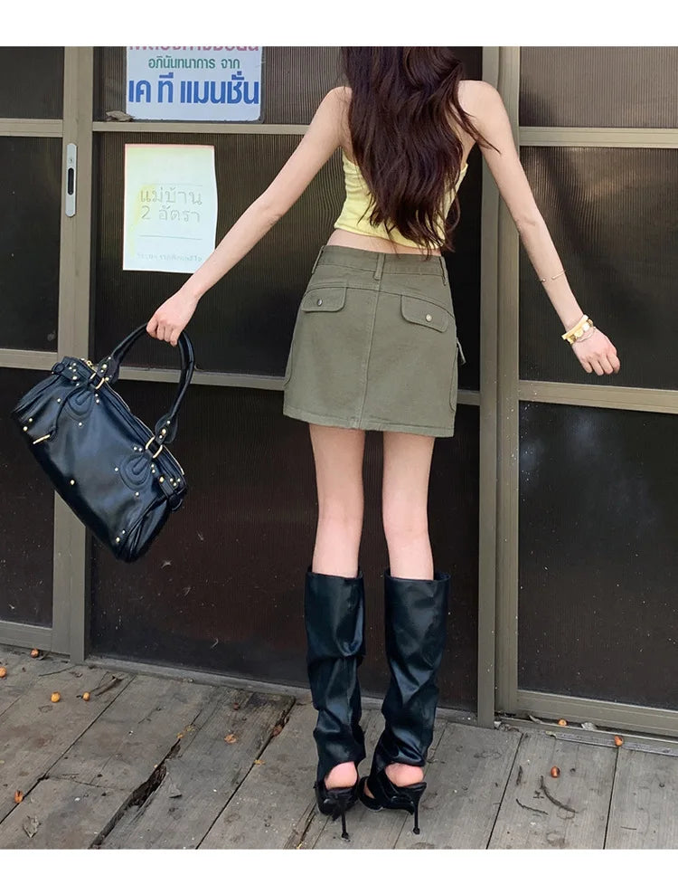 High Waist A-Line Mini Skirt Denim Skirt Women's Multi-Pocket Anti-Light Workwear Half Skirt Street Style Casual Wear