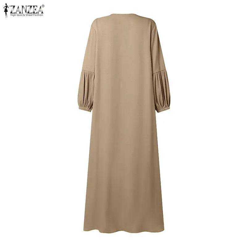 Modest Fashion Women Denim-Like Maxi Dress O-Neck Lantern Sleeve Button Up Abaya Robes ZANZEA Muslim Islamic Hijabis Kaftan