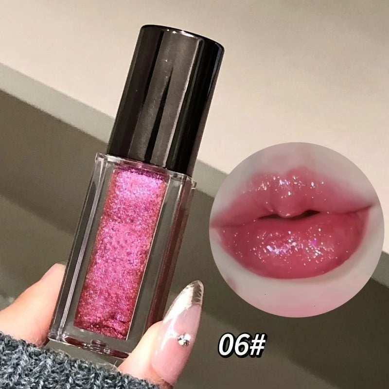 Multichrome Diamond Shimmer Lip Gloss Clear Glitter Metallic Pink Blue Orange Lip Stain Mirror-Shine Gloss 3D Sparkling Lips
