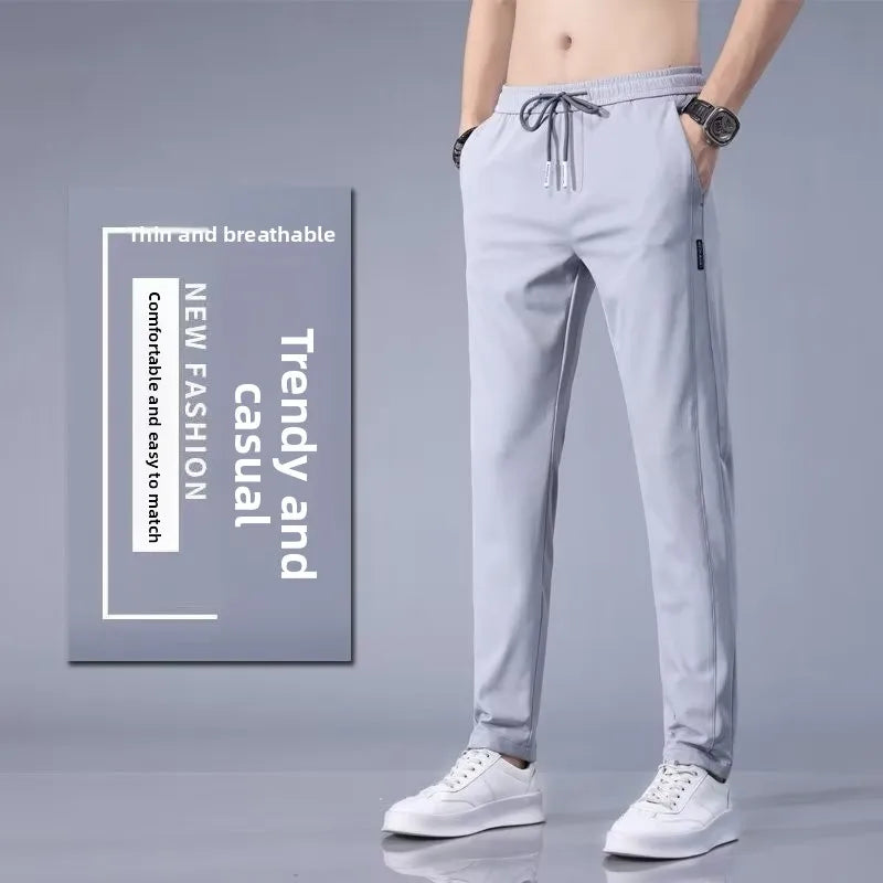 Men'S Summer Ice Silk Sporty Thin Straight Leg Long Pants Elastic Casual Trousers Large Size Versatile Youth Fashionable