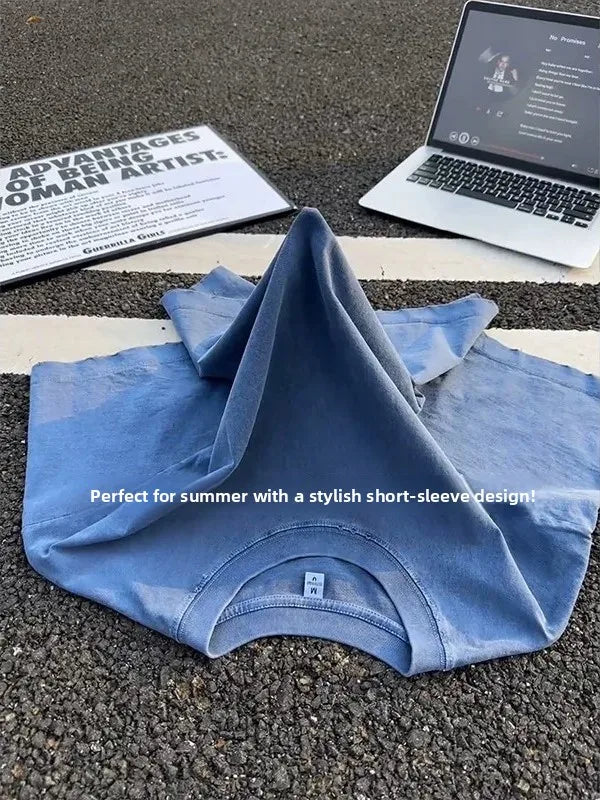 Men's Vintage Washed Blue T-Shirt Short Sleeve Oversized Casual