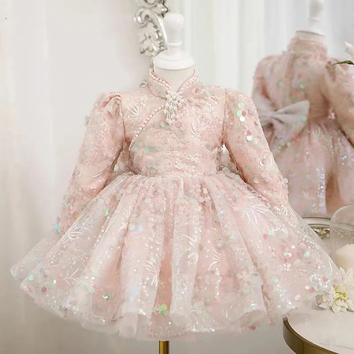 Dreamy Vow J807 Charming Chinese Style Applique Embroidered Girl Dress With Bow Pearl Holiday 1st Birthday Party Short Ball Gown