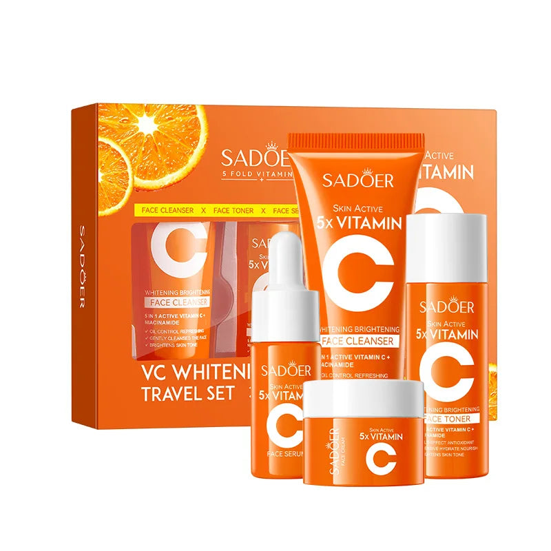 4pcs/box SADOER 5x Vitamin C Kit Whitening Moisturizing Travel Set(Facial Cleanser, Toner, Serum, Face Cream）