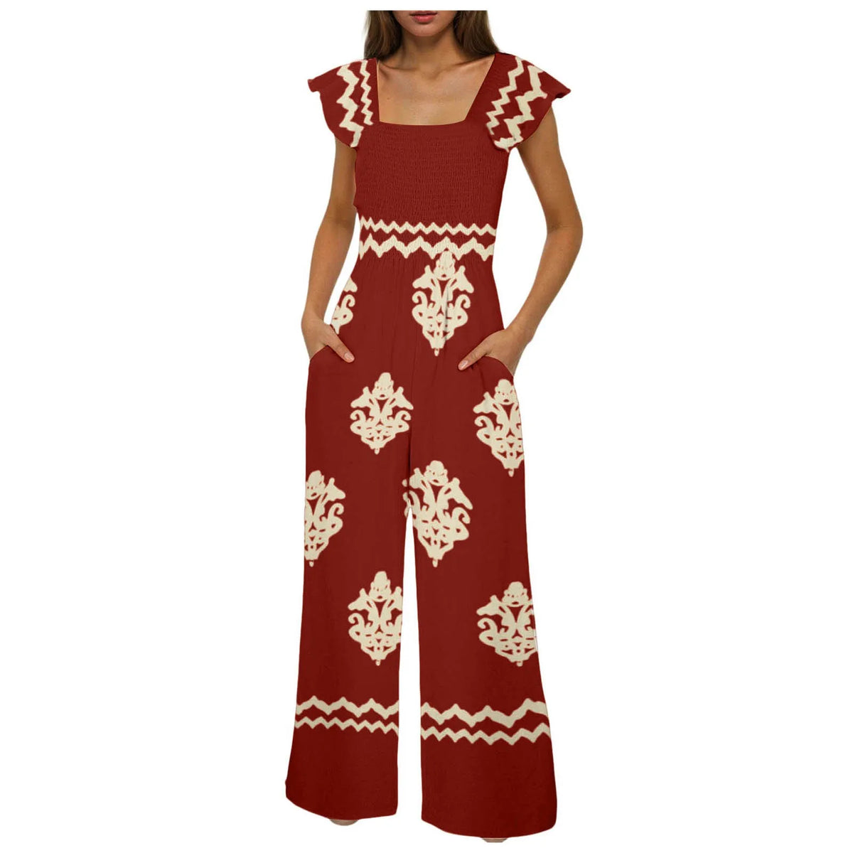 Womens Beach Vacation Tight Jumpsuits Boho Retro Print Cap Sleeve High Waist Wide Leg Romper With Casual Jumpsuits With Pockets
