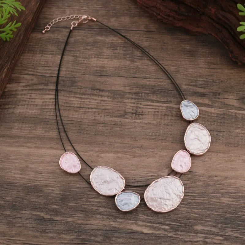 Bohemian Irregular Enamel Necklace Rose Gold Plated Multicolored Disc Double-Layer Necklace Adjustable Chain Jewelry Gift