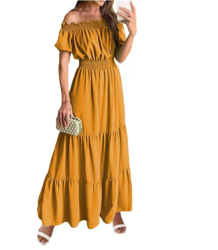 Summer Sexy Off Shoulder Slash Neck Ruffle Beach Party Dress Elegant Women Fashion Red Lace-up Pleated Holiday Long Dresses Robe