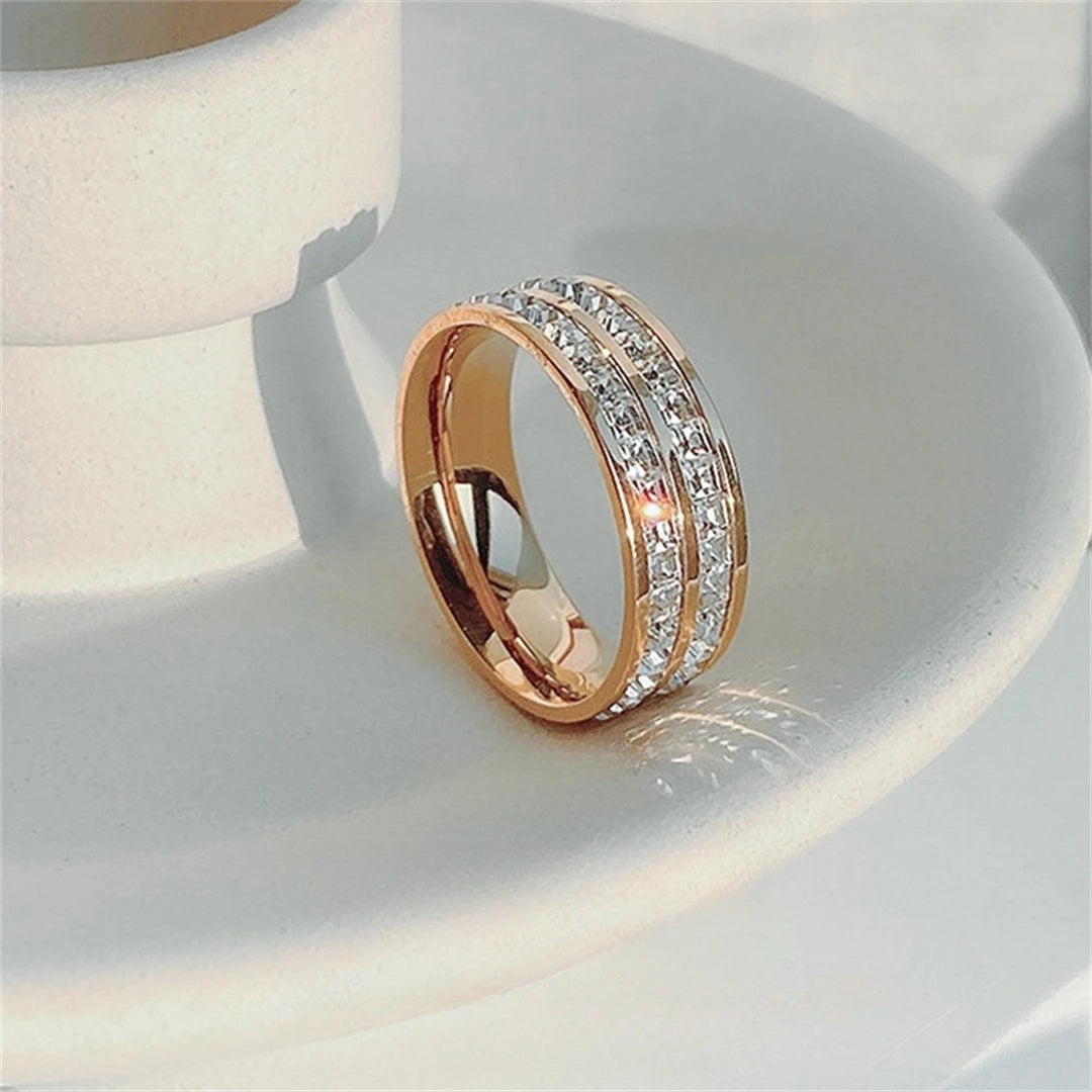 Luxury Rose Gold Double Rowed Square Zircon Stainless Steel Ring Women'S'S Romantic Engagement Wedding Jewelry Women'S