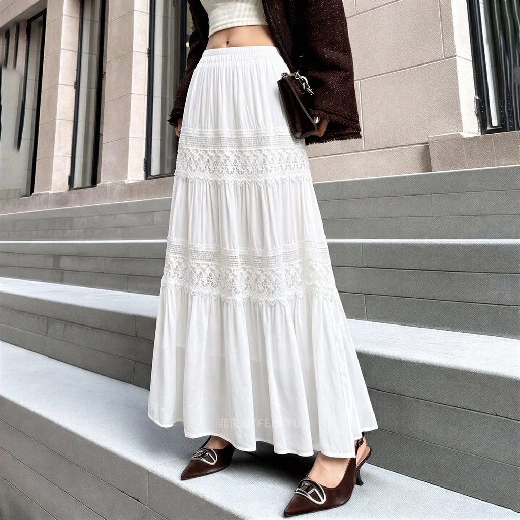 White Double Lace Tiered Maxi Skirt Women Full Elastic Waist Flowy Ruffle A-Line Long Skirt
