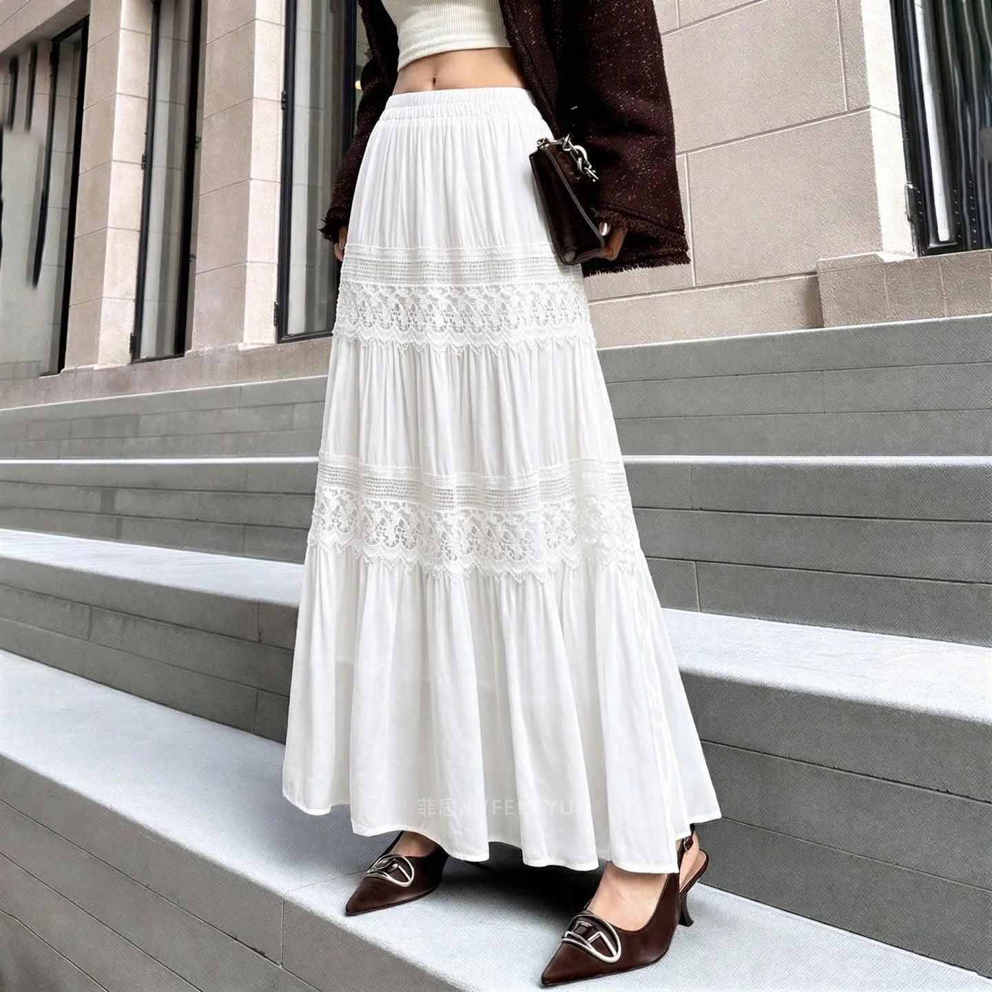 White Double Lace Tiered Maxi Skirt Women Full Elastic Waist Flowy Ruffle A-Line Long Skirt