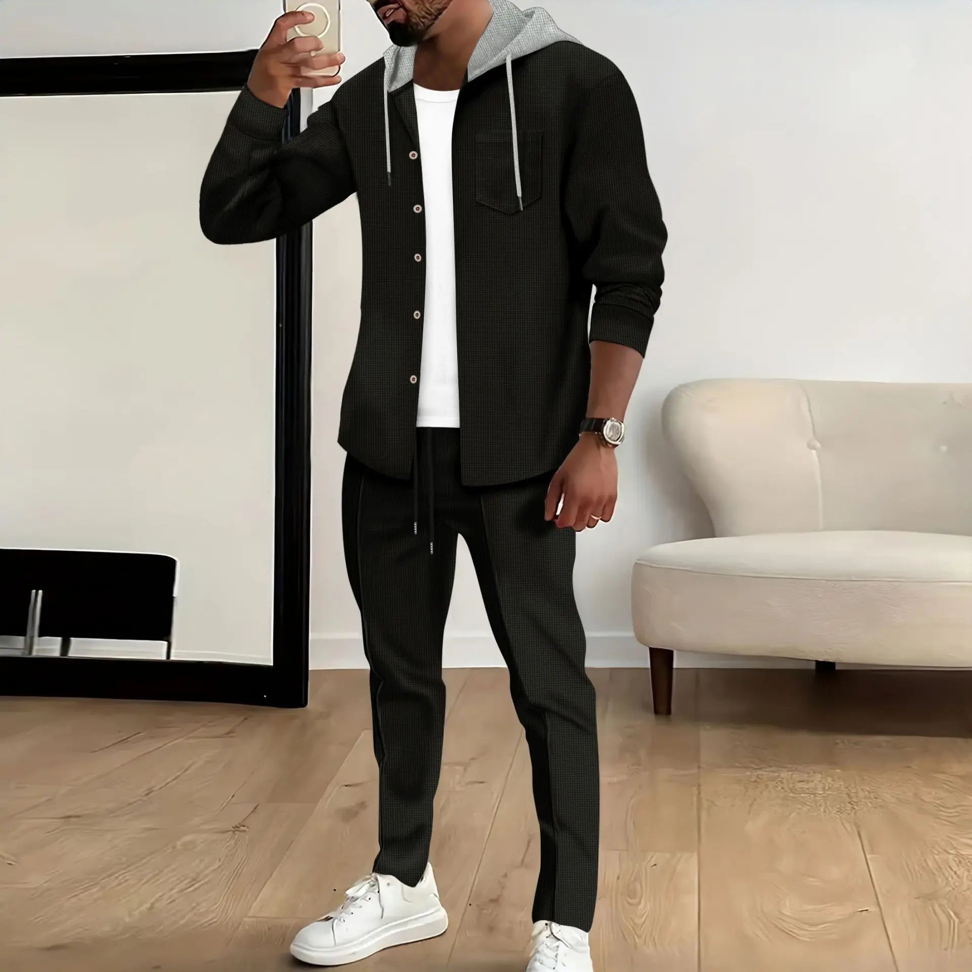 Spring And Autumn New Waffle Men'S Casual Slim-Fit Hooded Long-Sleeved Cardigan Matching Color Fashion High Quality Tracksuit Pa