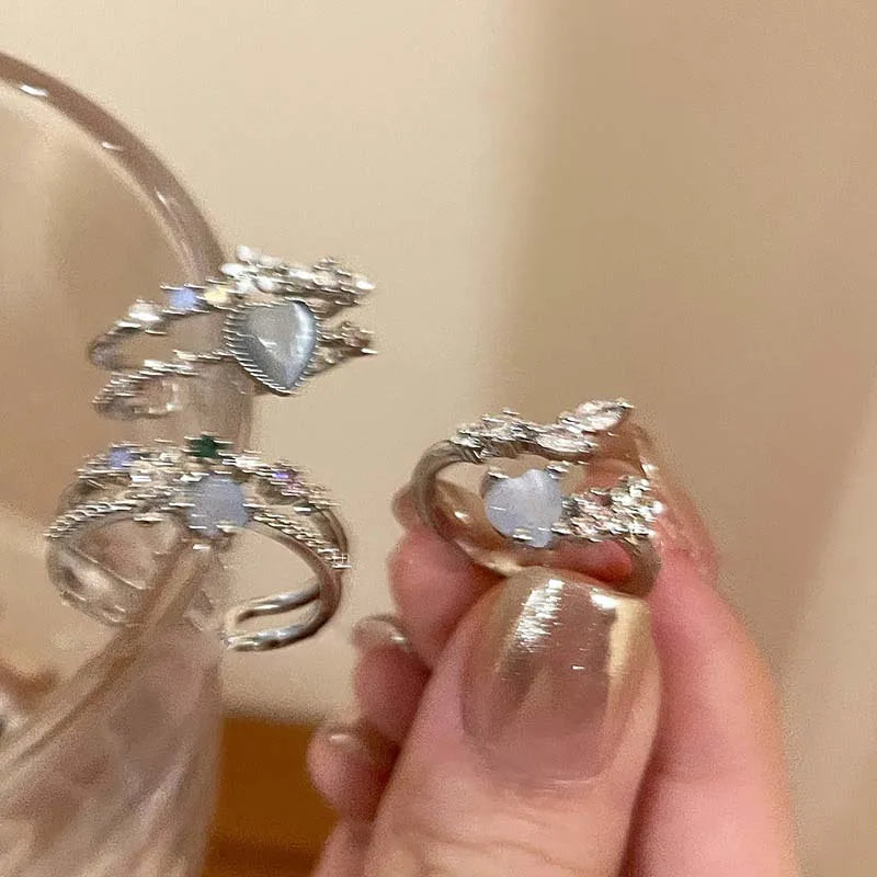 Fashion Blue Opal Heart Rings for Women Kpop Punk Gothic Open Flower Rhinestone Finger Rings Wedding Party Trendy  Jewelry