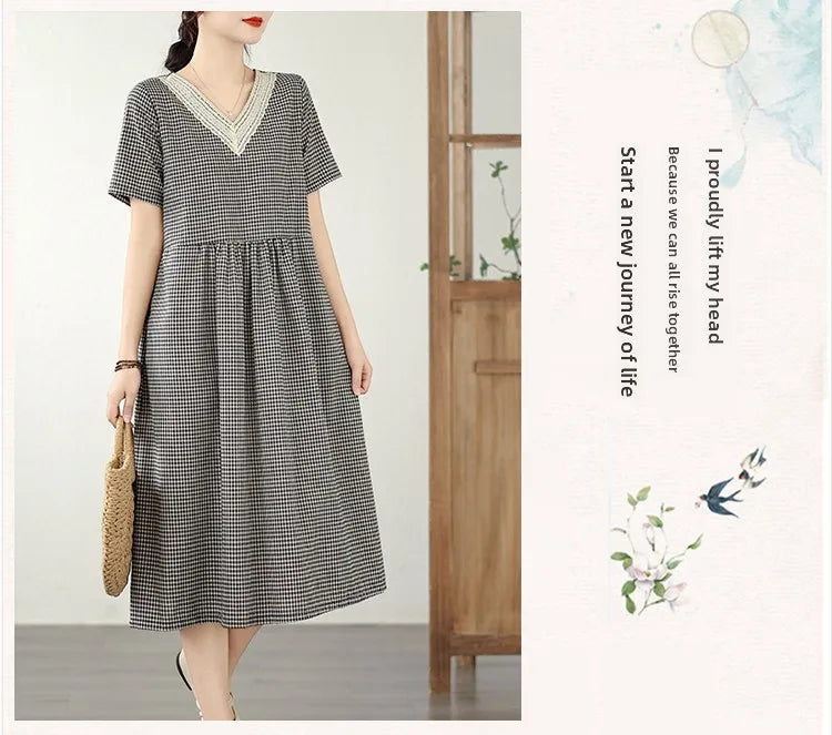 Retro Fashion Casual Plaid Dress Women Summer New V-neck Lace Splicing Loose Slimming Skirt over Knee Cotton Polyester Blend