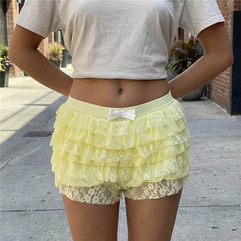 Women Mesh Lace Bloomer Shorts Y2k Layered Ruffle Frilly Booty Shorts Fairy Bowknot Sexy Boy Shorts Panties Party Clubwear