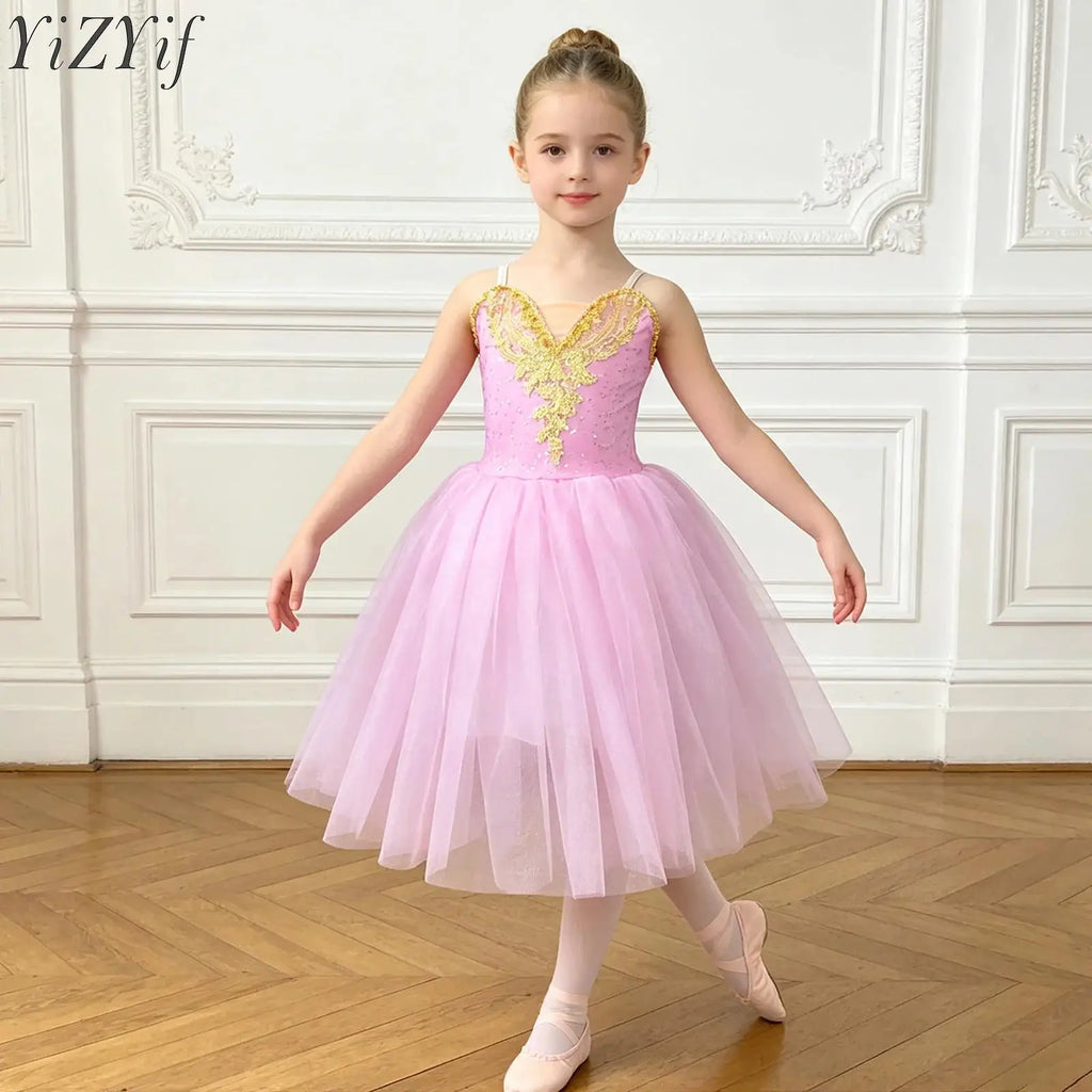 Kids Girls Ballet Dance Leotard Dress Ballerina Costume Professional Performance Dancewear Adjustable Strap Tulle Tutu Dress