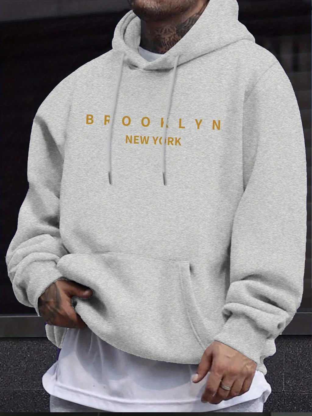 Men's autumn and winter casual fashionable loose brooklyn letter print long sleeved hooded warm sports pullover