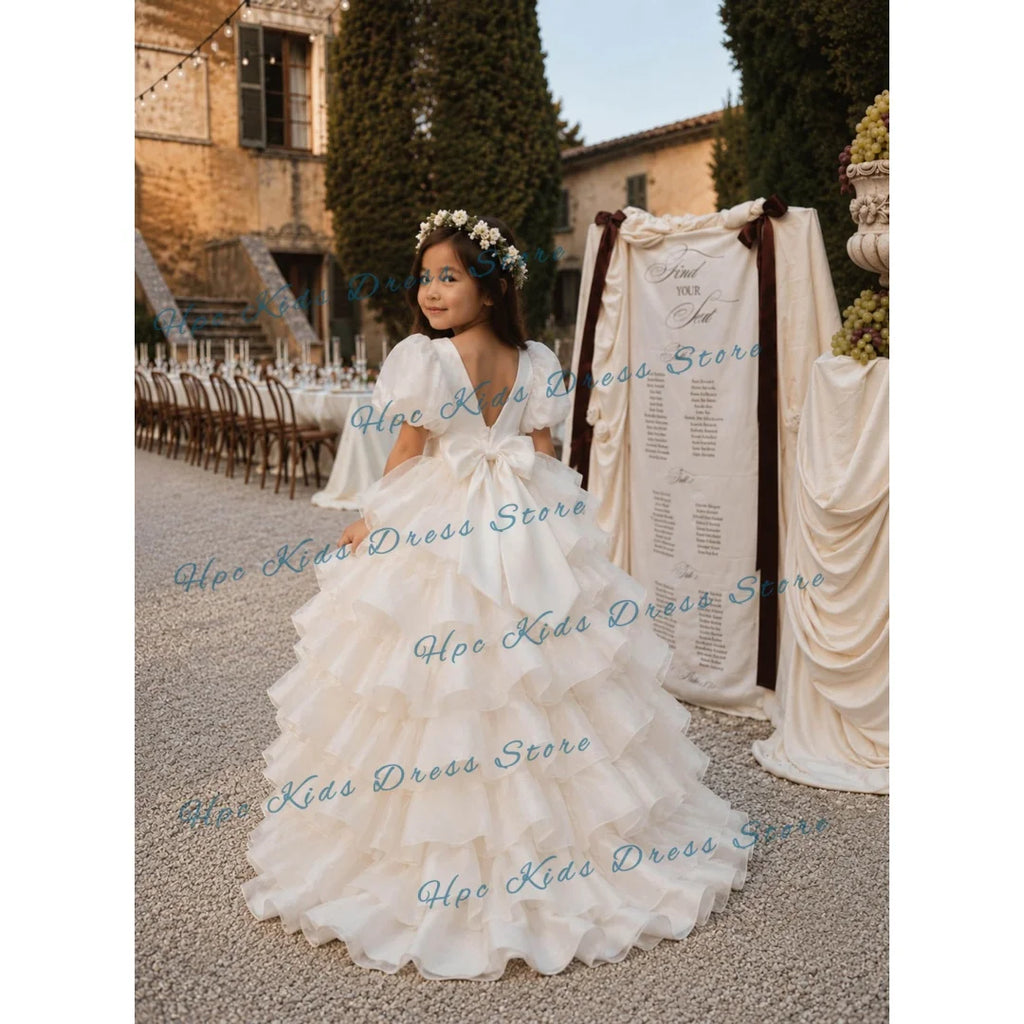 Custom White Tiered Tulle Flower Girl Dress Wedding High-Low Puff Sleeve Gown for  Birthday Party Kids Formal Wear