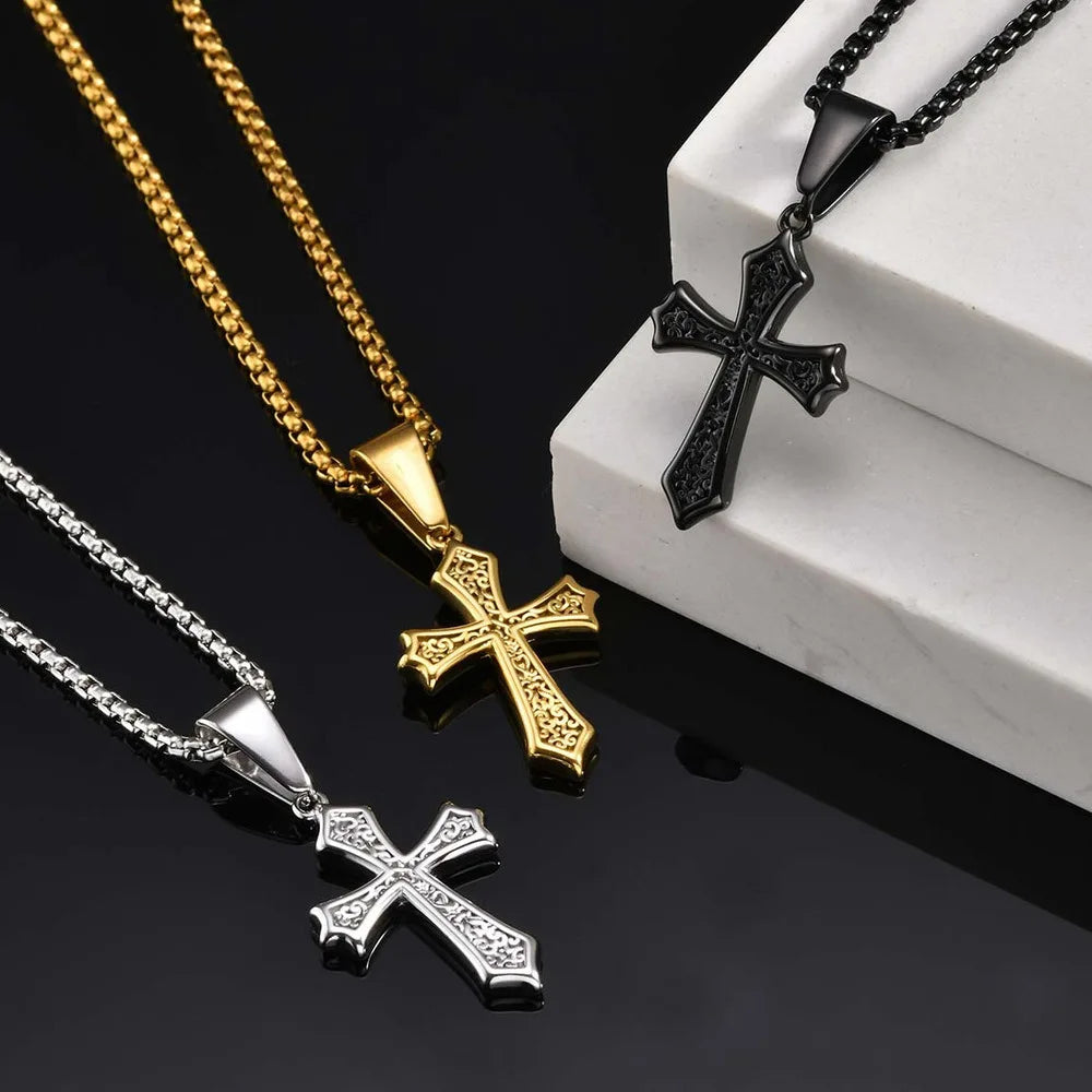 Vnox Small Stainless Steel Cross Necklaces, Retro Personality Pendant Accessories, Religion Faith Jewelry