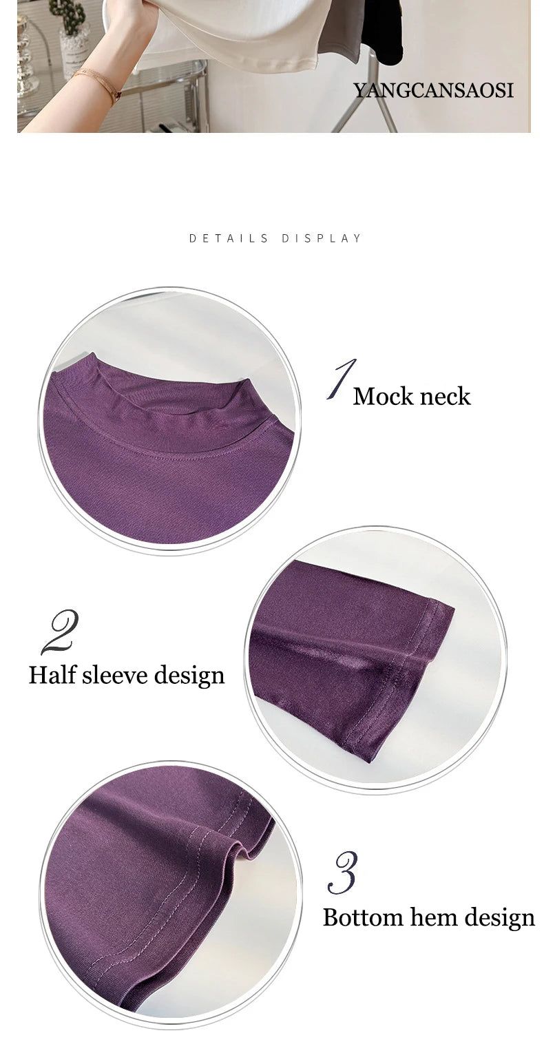 2026 Women's Spring/Summer New 100% Natural Mulberry Silk (Knitted) Basic Solid Color Half High Neck Mid Sleeve Bottom Shirt