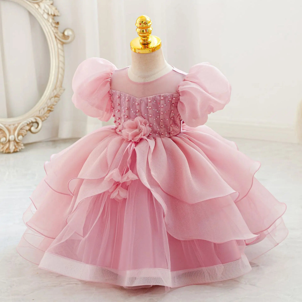 HETISO New Beauty Pageant Dress For Baby Toddler Girl Beading Puff Sleeve Kids Birthday First Christmas Ball Gown 1-4 Years